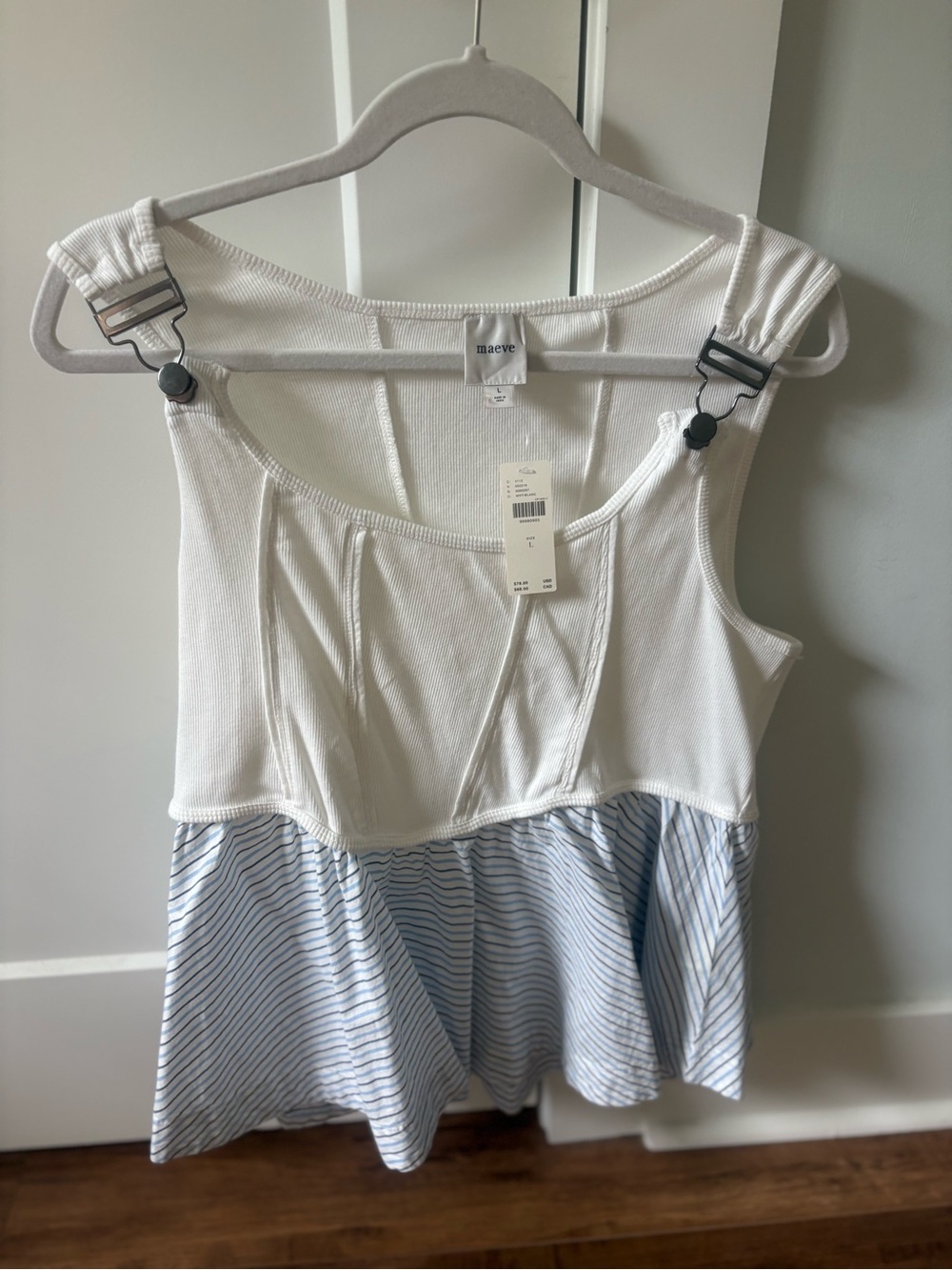 Anthropology Cream Ribbed Tank with Blue-Striped Peplum Skirt - Picture 2 of 8
